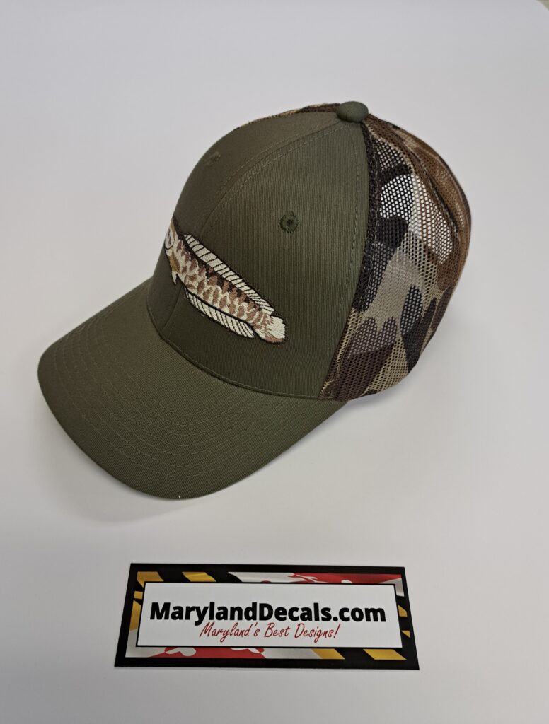 A Khaki Color Hat With a Snakehead Fish Embroidery Side
